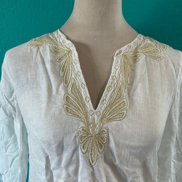 Lilly Pulitzer Amelia Island Linen Tunic White & Gold Embroidered V-Neck Top XS - Picture 3 of 6